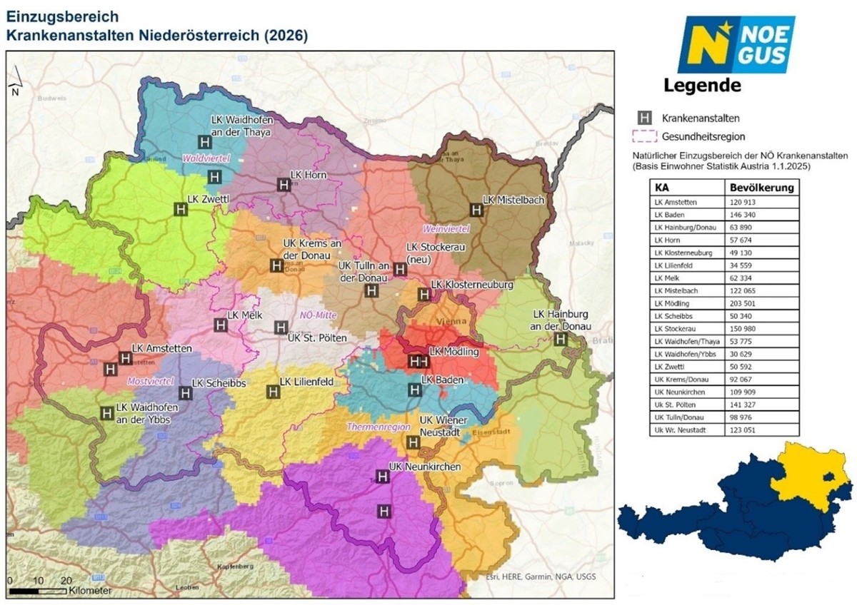 Niederösterreich-Karte mit Darstellung der Einzugsbereiche (2026)