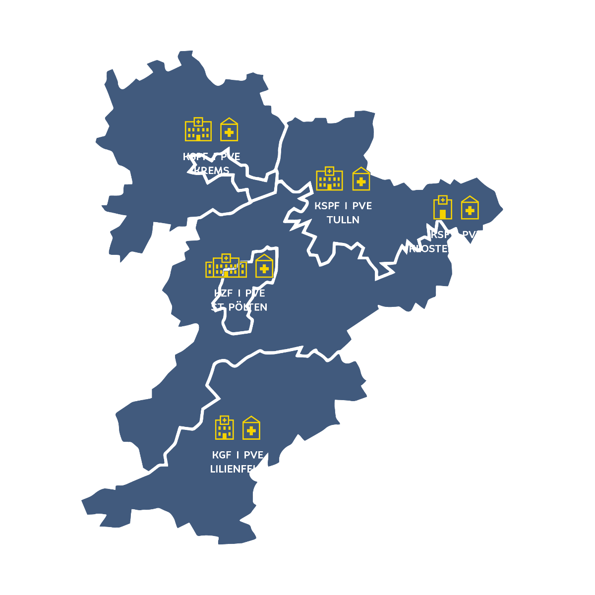 Karte Region Mitte mit eingezeichneten Kliniken und Primärversorgungseinrichtungen