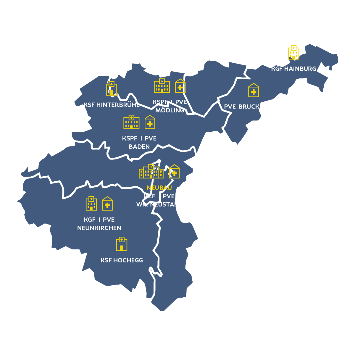Karte der Thermenregion mit eingezeichneten Kliniken und Primärversorgungseinrichtungen