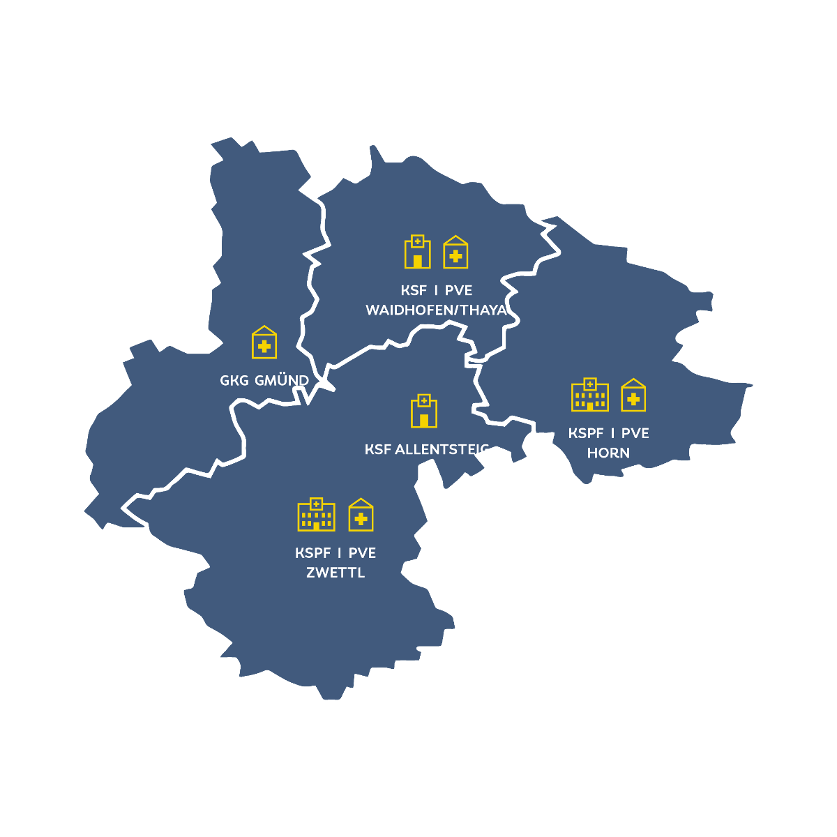 Karte Waldviertel mit eingezeichneten Kliniken und Primärversorgungseinrichtungen