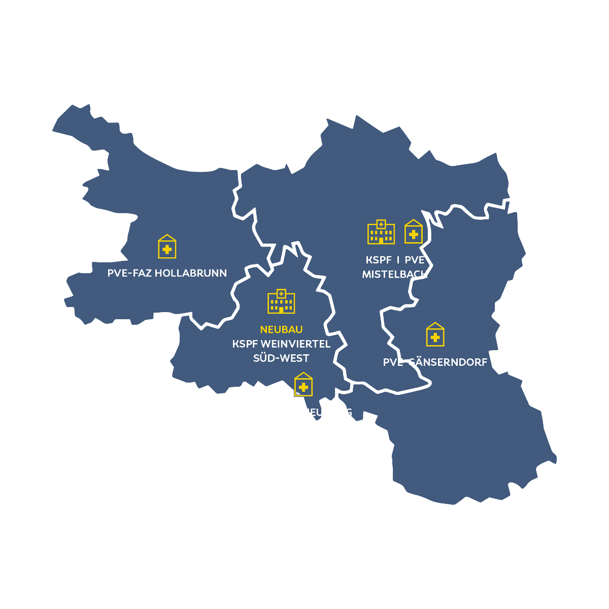 Karte Weinviertel mit eingezeichneten Kliniken und Primärversorgungseinrichtungen