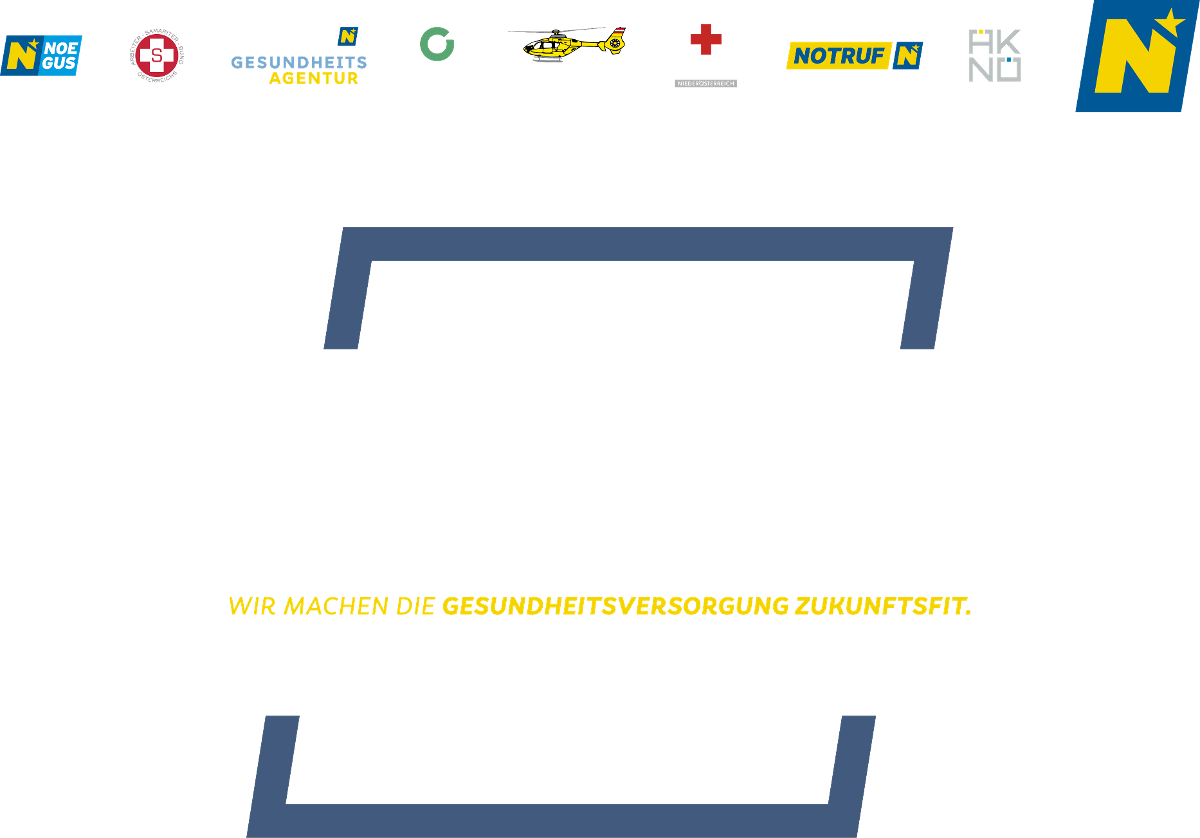 Der Gesundheitsplan Niederösterreich. Wir machen die Gesundheitsversorgung Zukunftsfit. Wenn's weh tut 1450. darüber die Partnerlogos: NÖGUS, LGA, ÖGK, Notruf NÖ, Ärztekammer NÖ, Logo Land Niederösterreich