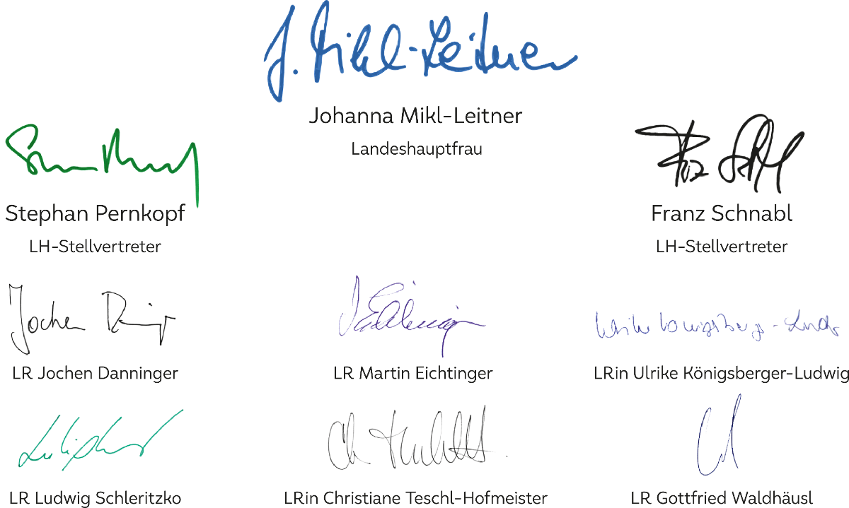 Unterschriften der Landesregierungsmitglieder: Mikl-Leitner Pernkopf, Schnabl, Danninger, Eichtinger, Königsberger-Ludwig, Schleritzko, Teschl-Hofmeister, Waldhäusl